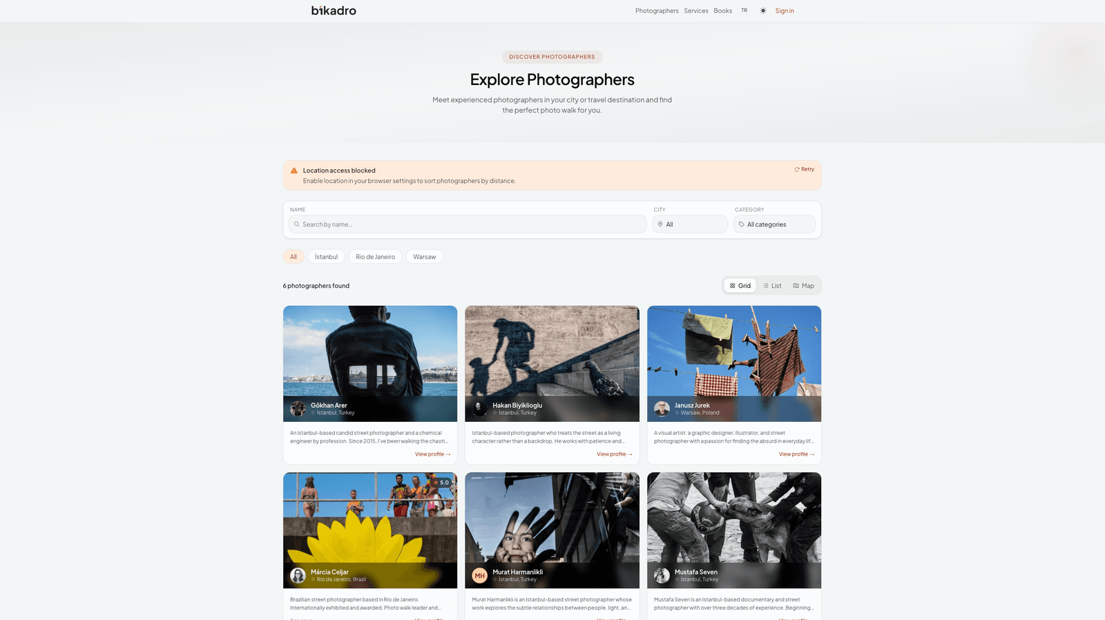 Bikadro photographer discovery page