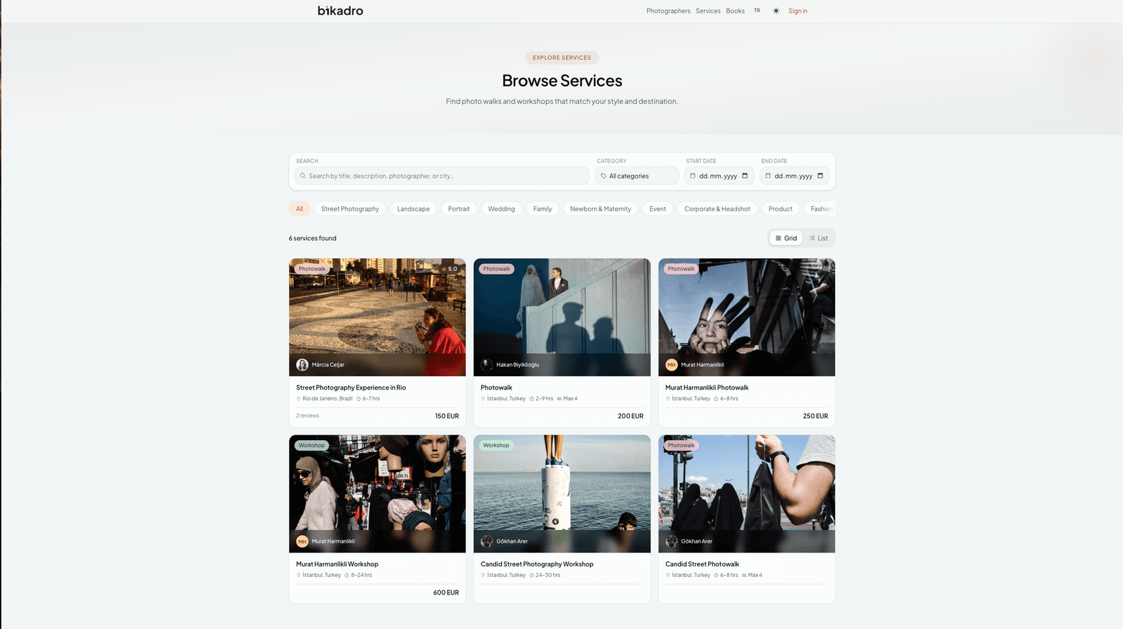 Bikadro services browse page