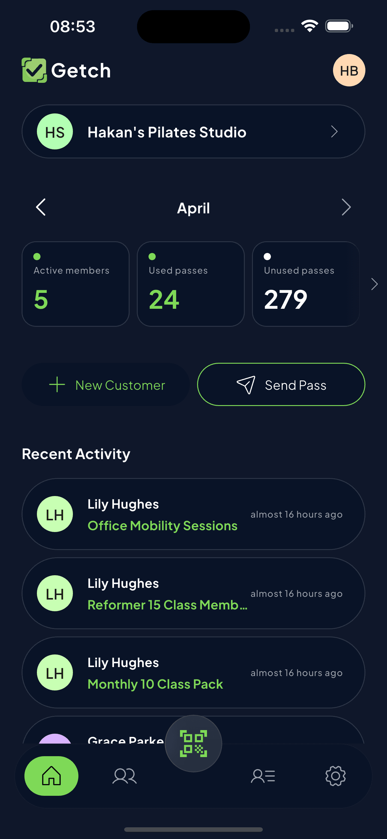 Getch business dashboard with activity feed