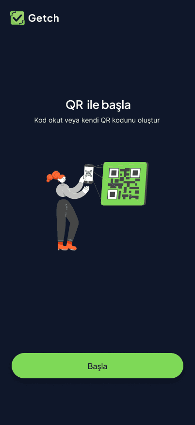 Getch onboarding intro screen built around a QR code
