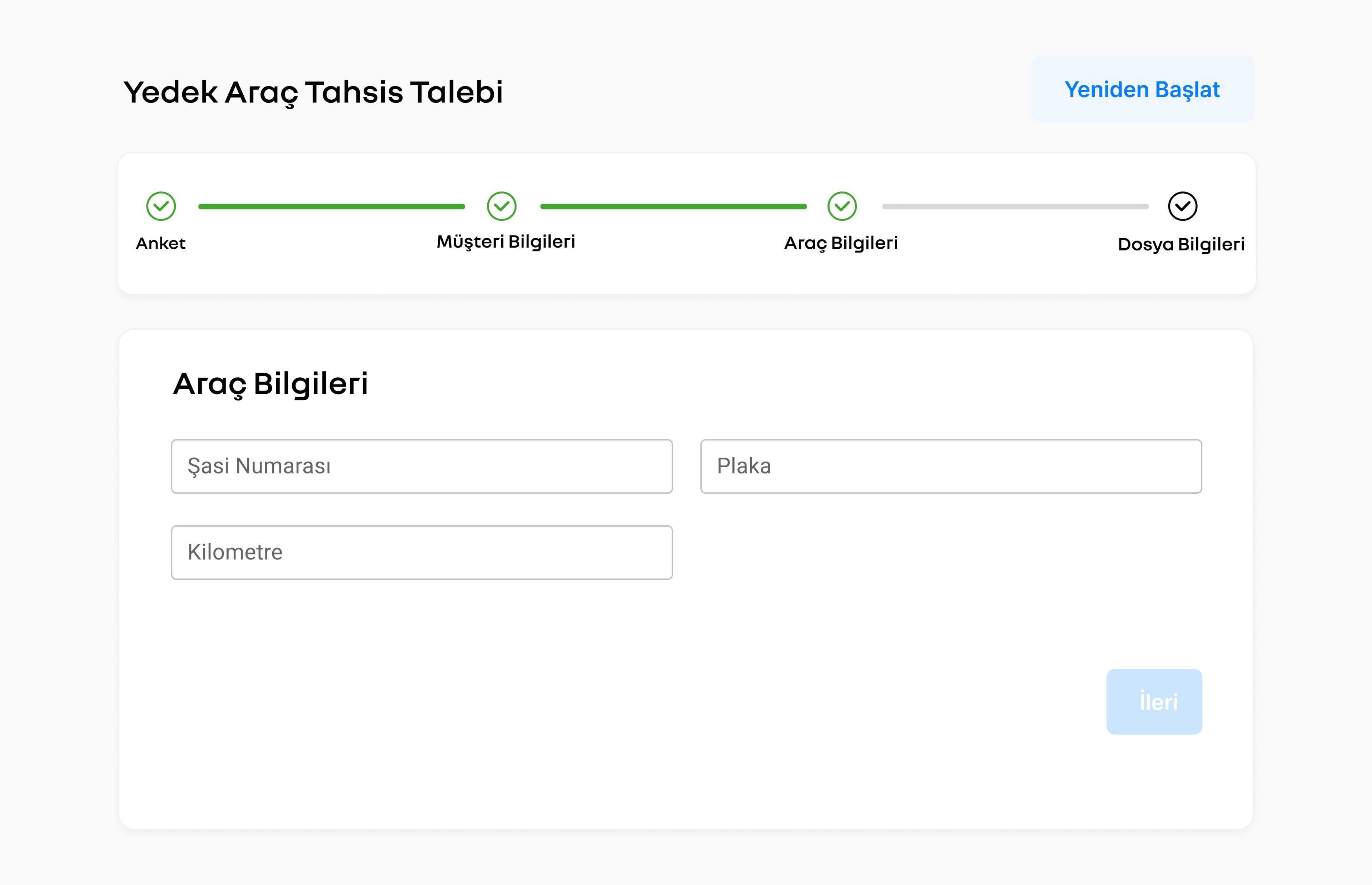 İkam vehicle information step with VIN auto-fill