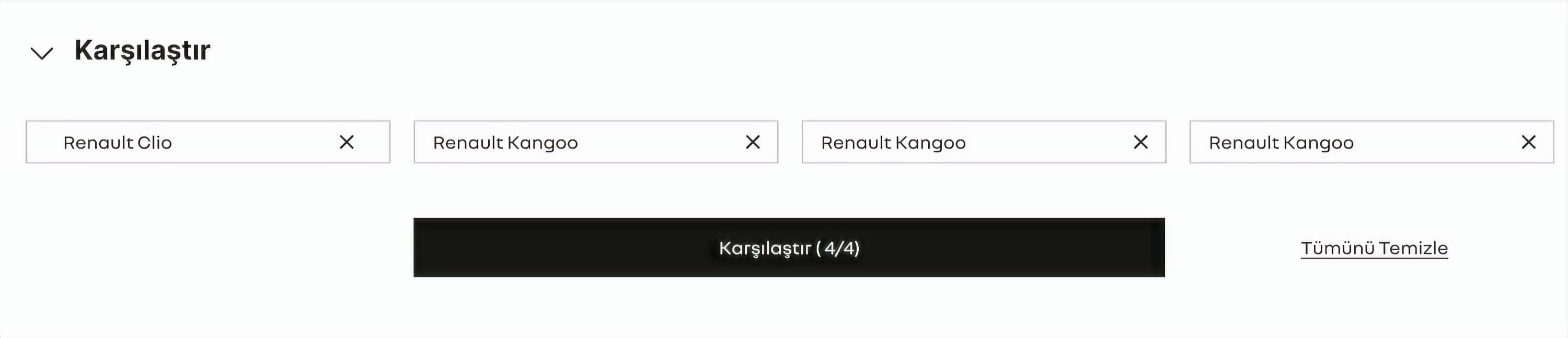 Renew comparison bar with four vehicles selected
